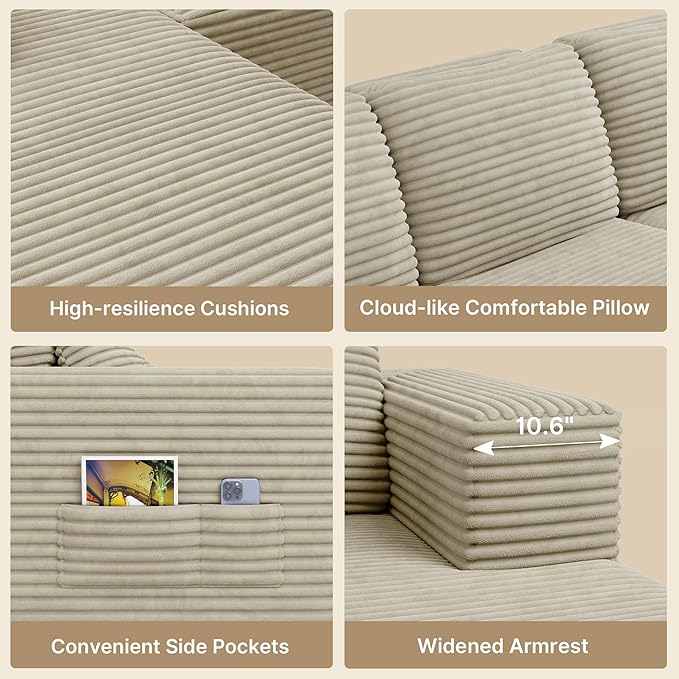 Gizoon 105 Cloud Sectional Couch with L-Shape Chaise Modular Boneless Sofa for Living Room Upholstered Corduroy Couch with Deep Seat No Assembly Required (Beige Left Facing Chaise)