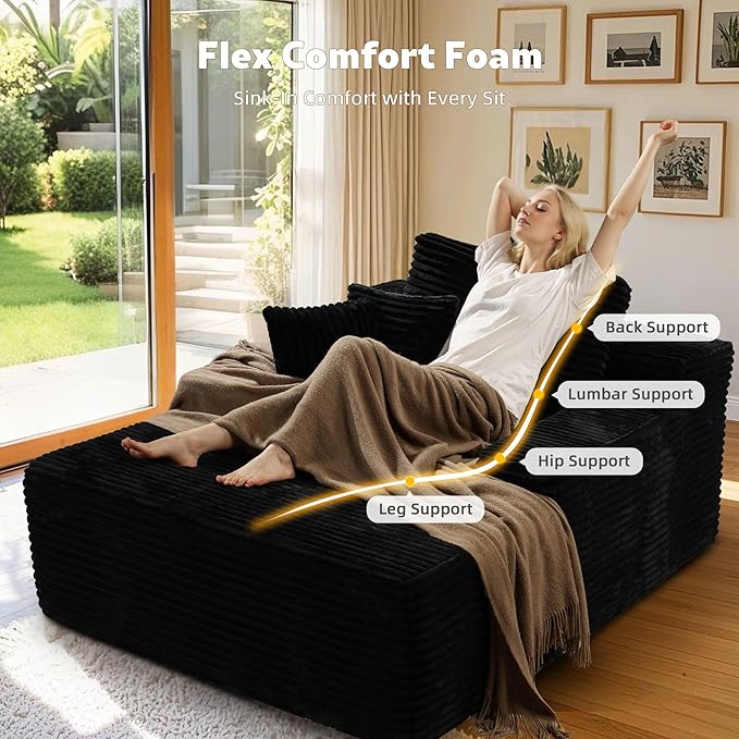 67x48 Oversized Chaise Lounge Chair Indoor Upholstered Sofa Bed with Plush Faux Fur Sleeper Couch Reading Chair Fluffy Cloud Sofa for Living Room Plush Black