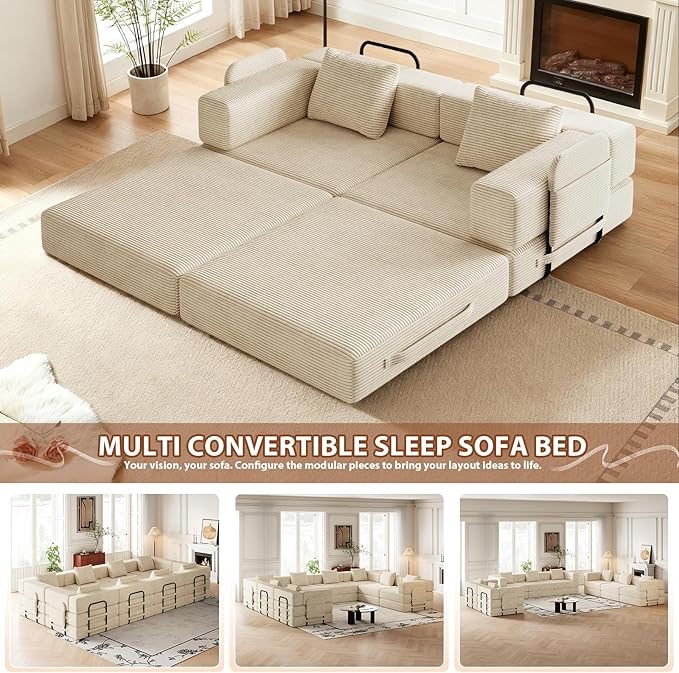Convertible Sofa Bed 108+108+72.4 Sectional Couch 8-Seater with Storage Pockets Modular Sleeper Couch Corduroy Folding Floor Boneless Lounge Sofa for Living Room Guest Room Beige