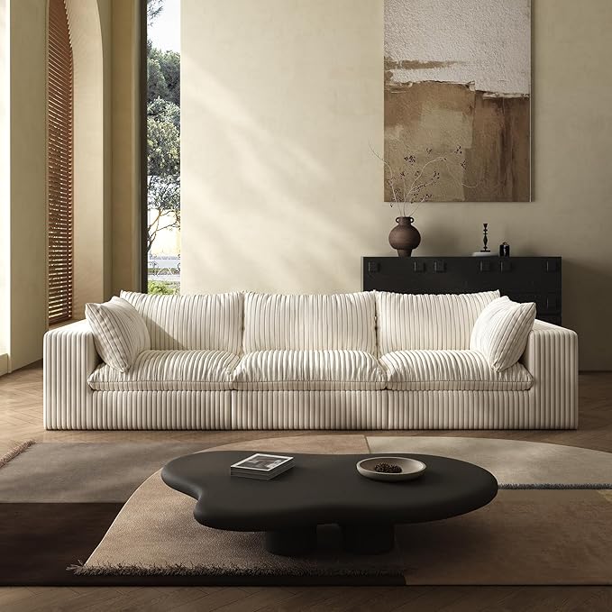 118-inch Boneless Cloud Sofa Modular Corduroy Sectional Couch with Full Foam Compression for Living Room Bedroom Apartment No Assembly Required (White 3 Seater with 1 Ottoman)