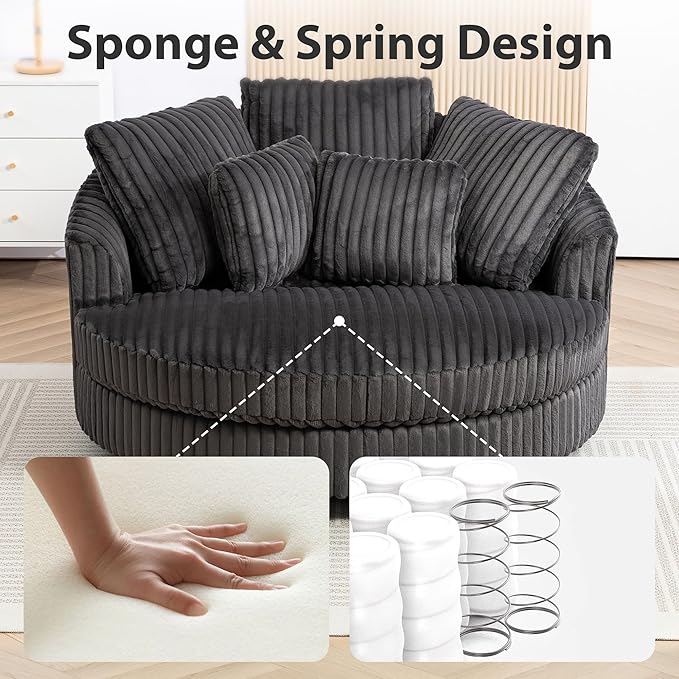 Chifee &amp Vingol 59.8 W Oversized Accent Round Chair Large Barrel Chair with Wheels &amp 5 Pillows Faux Fur Fabric - Charcoal