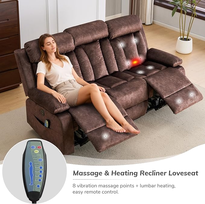 Power Recliner Sofa with Drop Down Table Heat &amp Massage Reclining Sofa Couch with Cup Holders USB &amp Type-C Ports Recliner Couch for Living Room RV Office Apartment