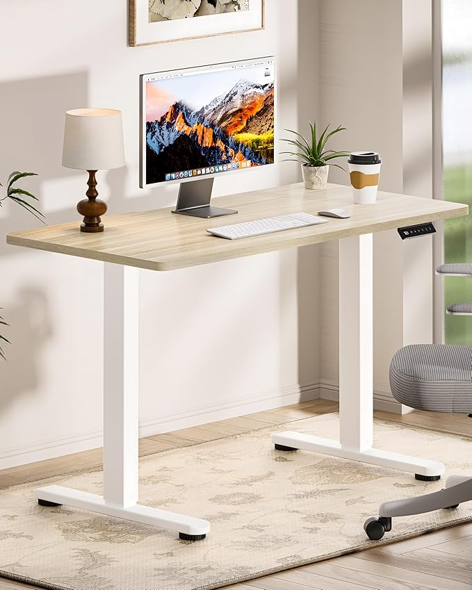 Okin Standing Desk Electric Adjustable Computer Desks Whole Piece Stand up Desk Office Gaming Home Office Memory Desks 48x24 inches Cream Pecans