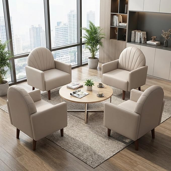 PU Accent Chairs for Living Room with High-Density Foam Cushion Mid-Century Single Sofa Armchair with Solid Wood Legs Upholstered Reading Chair for Bedroom Home Office (Shell Khaki 4 Set)
