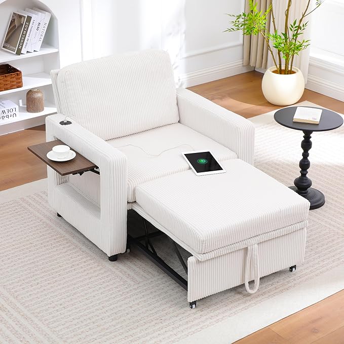 3 in 1 Folding Convertible Sleeper Sofa Bed Pull Out Couch with Side Pockets USB Port Side Table Single Sofa Bed with Adjustable Backrest for Living Room Bedroom 66 Beige 1 SEAT