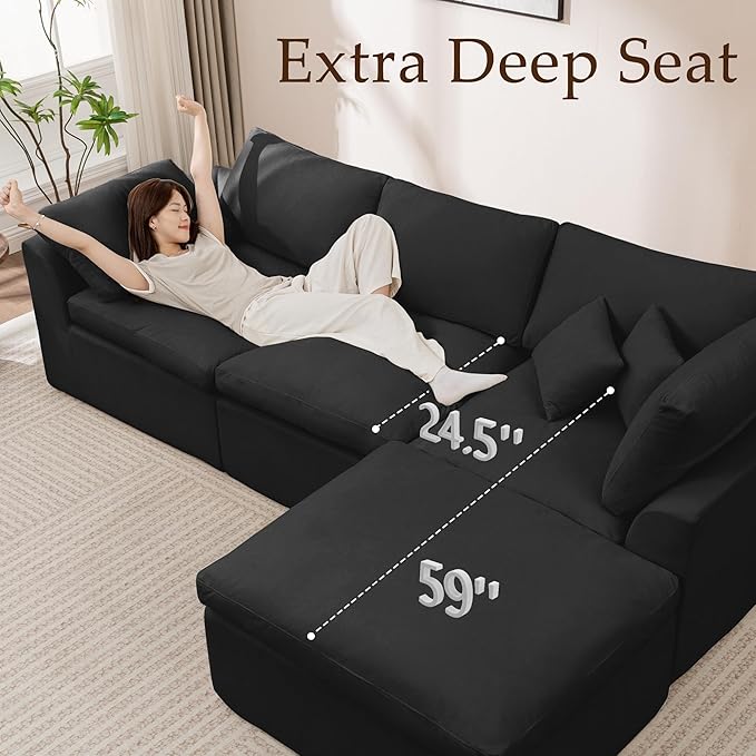 112 Cloud Sectional Couches for Living Room Modern Modular Sectional Sofa with Ottoman Boneless Cloud Couch with Comfy Deep Seats Fluffy Chenille L-Shape Sofa Couch for Living Room Black