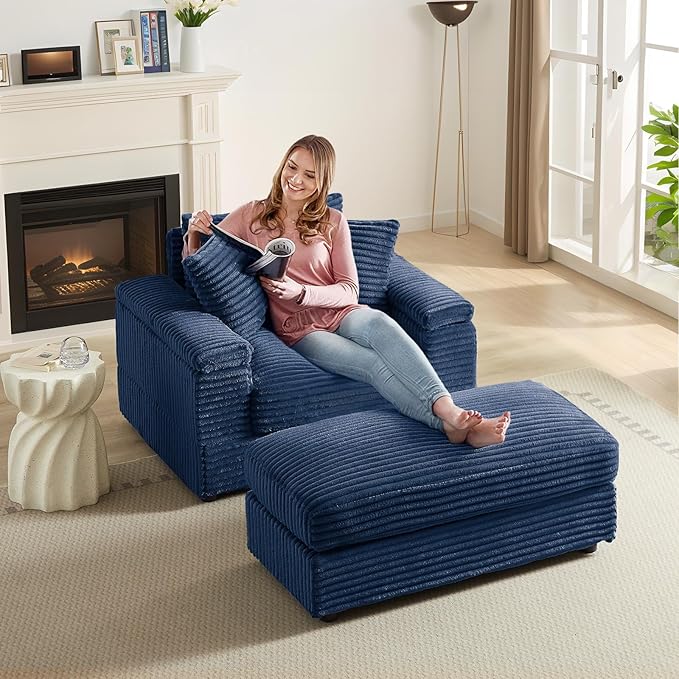 Chaise Lounge Chair Indoor 44 Inch Comfy Corduroy Sectional Cloud Couch Upholstered Single Sofa w/Movable Ottoman for Living Room Bedroom Apartment Blue