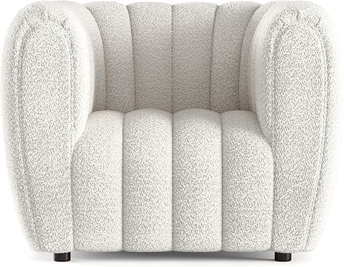 Furniture of America Glamour Contemporary Vertical Channel Tufted Boucle Accent Chair with Wooden Legs Fabric Upholstered Armchair for Living Room Bedroom Office Off-White