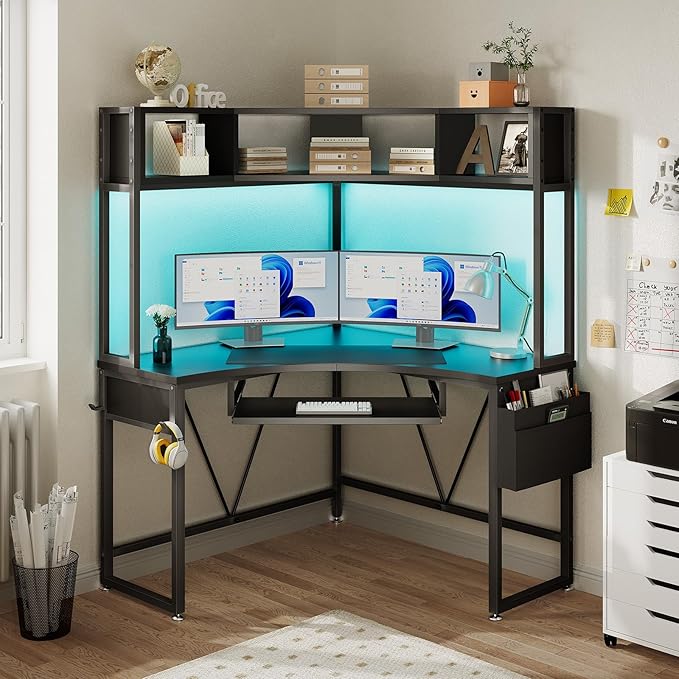 SEDETA Corner Desk Small Computer Desk with Hutch &amp LED Lights Triangle Corner Gaming Computer Desk with Keyboard Tray Storage Bag and Headphone Hook for Small Space Home Office Desk Black