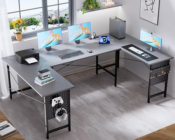 Pamray 71 Inch Large Computer Desk with Power OutletsU Shaped Corner Desk for Home Office Work and Gaming Grey