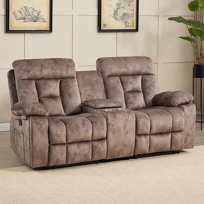 CANMOV Loveseat Recliner Manual Recliner Sofa Chair for Living Room Reclining Sofa with Storage ConsoleHidden Cup Holders 2 Seat Camel-Brown