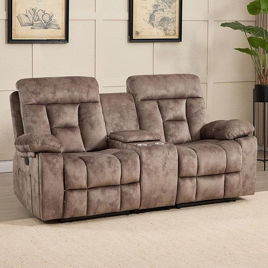 CANMOV Loveseat Recliner Manual Recliner Sofa Chair for Living Room Reclining Sofa with Storage ConsoleHidden Cup Holders 2 Seat Camel-Brown