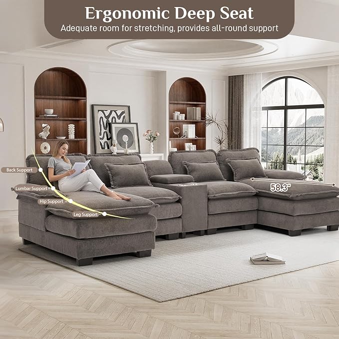 133 Oversized U Shaped Cloud Couch Modular Sectional Couches for Living Room Comfy Chenille Deep Seat Sofa Set with Double Chaise Lounge Storage Central Console Cup Holders USB Port Stone Grey
