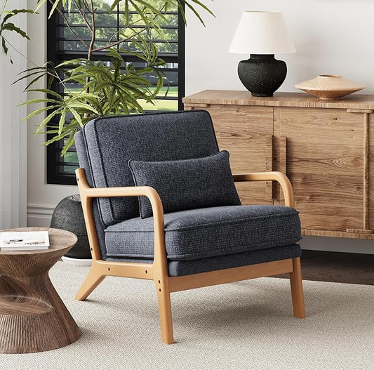 Accent Chair with Solid Wood Frame Mid-Century Relaxing Armchair Lumbar Pillow&amp Soft Cushion Reading Leisure Chair for Living Room Bedroom Waiting Room-Blue