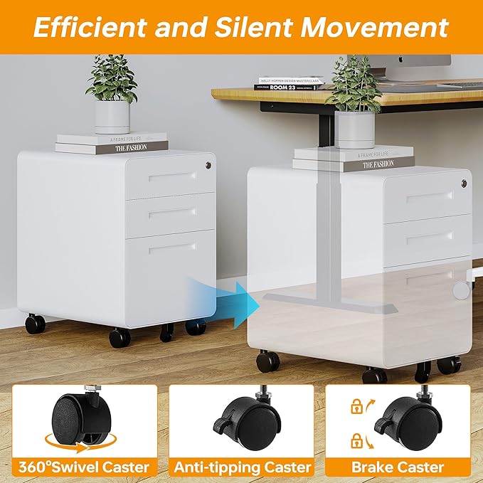 STANI 3 Drawer Filing Cabinet Metal Filing Cabinet Legal/Letter Size with Lock Mobile Storage Cabinet for Home and Office Fully Assembled Except Wheels White