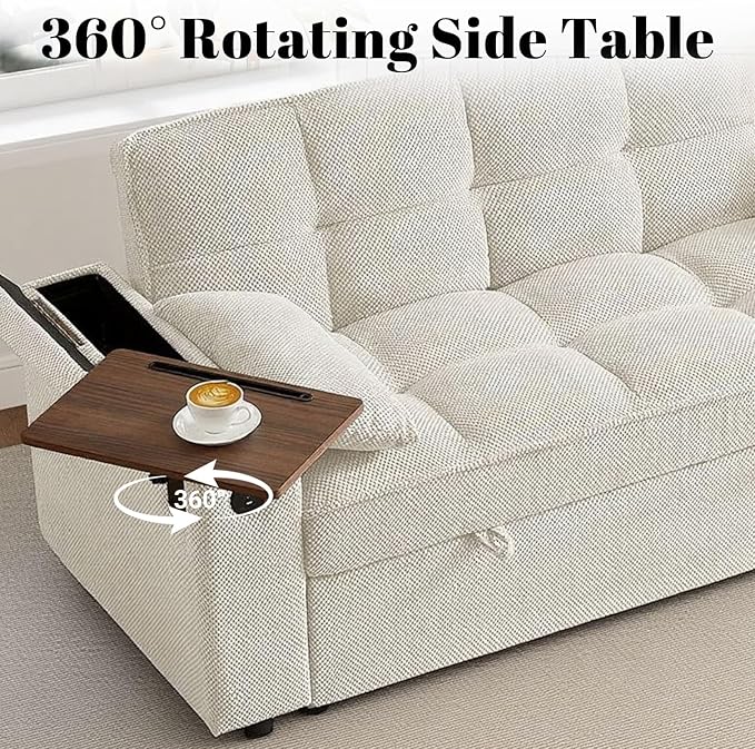 Rovibek 65'' Convertible Sleeper Sofa Bed 3-in-1 Pull Out Couch with 360° Swivel Side Table Adjustable Backrest Loveseat Sleeper with Charging Port | Side Pocket | Cup Holders White