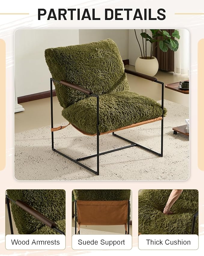 Karl home Modern Accent Chair Plush Fleece Upholstered Living Room Chair with Metal Frame Wooden Armrest Comfy Lounge Armchair for Living Room Bedroom Balcony Reading Room Green