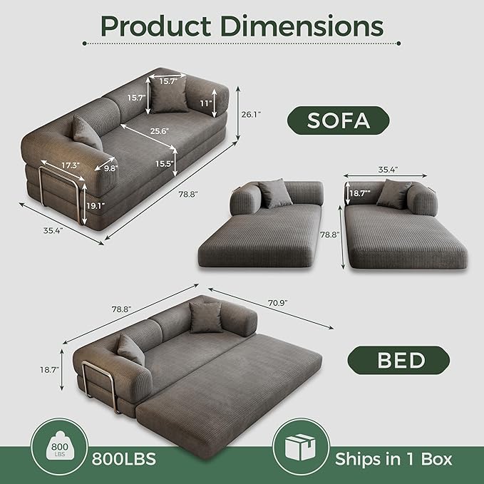 78.5'' Convertible Folding Sofa Bed – 4-in-1 Modular Floor Couch Corduroy Small Cloud Couch Compressed Foldable Sleeper Sofa King Size Futon for Bedroom Guest Room (Grey (Dark))