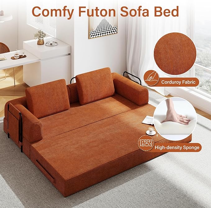 78'' Sleeper Couch Bed for Living Room Convertible Modular Sofa with Fixed Frame &amp Side Pocket Corduroy Futon Boneless Couches in a Box No Assembly Orange