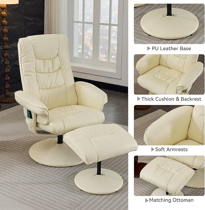 140° Adjustable PU Leather Recliner Chair with Ottoman 360° Swivel Massage Lounge Chair with 5-Point Vibration &amp Heated Seat for Living Room Home Theater or Office (Beige)