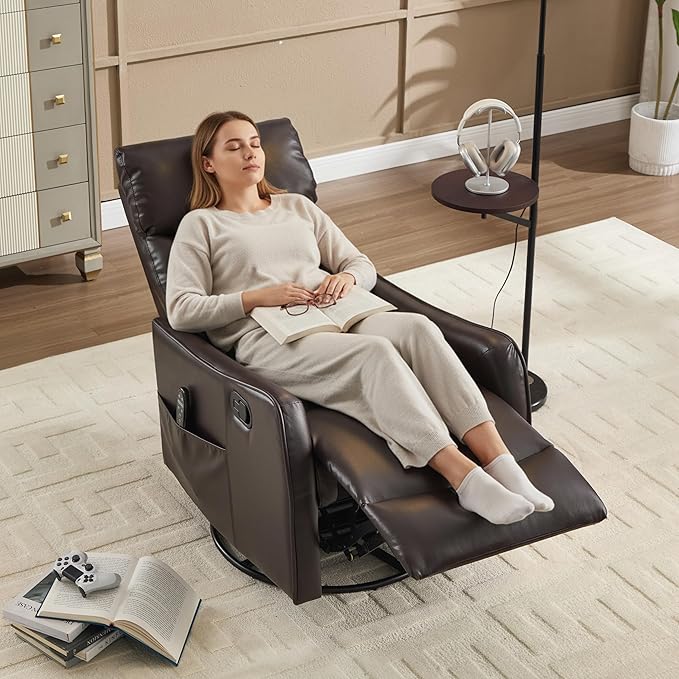 PELUMY 360 Swivel Rocking Recliner Chair for Adults Nursery Rocking Chair with Heat and Massage Glider Reclining Chair for Small Space Living Room Bedroom (Breathable Leather Dark Brown)