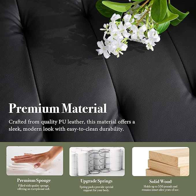 Black Leather Loveseat and Accent Chair Set of 2 Small Couch w/USB Charging &amp Pockets Mid Century Modern Tufted Love Seat and Chair Set Mini Office Sofa for Living Room Apartment