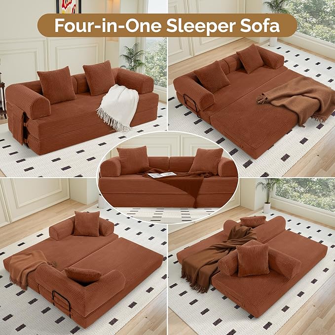 Convertible Corduroy Sleeper Sofa Bed with Cylindrical Pillow Folding Mattress Couch with Fixed-Shape Frame Floor Sofa Lounge Couch for Living Room Bedroom Lounge Studio Red Brown