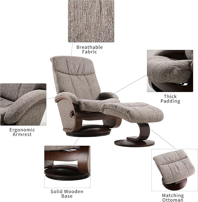 LUCKYERMORE Swivel Recliner Chair with Ottoman Matching Footrest A Whole Solid Wooden Base Memory Foam Filling Easy Assembly 360° Swivel Leisure Lounge Chair for Living Room Bedroom