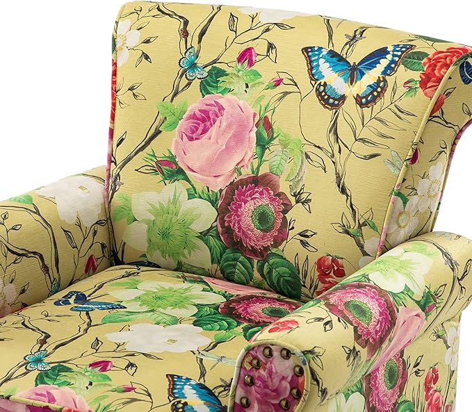 HULALA HOME Modern Wingback Accent Chair with Wood Legs &amp Removable Cushion Comfy Upholstered Armchair with Nailhead Trim Floral Pattern Single Sofa Chair for Living Room Bedroom Mustard