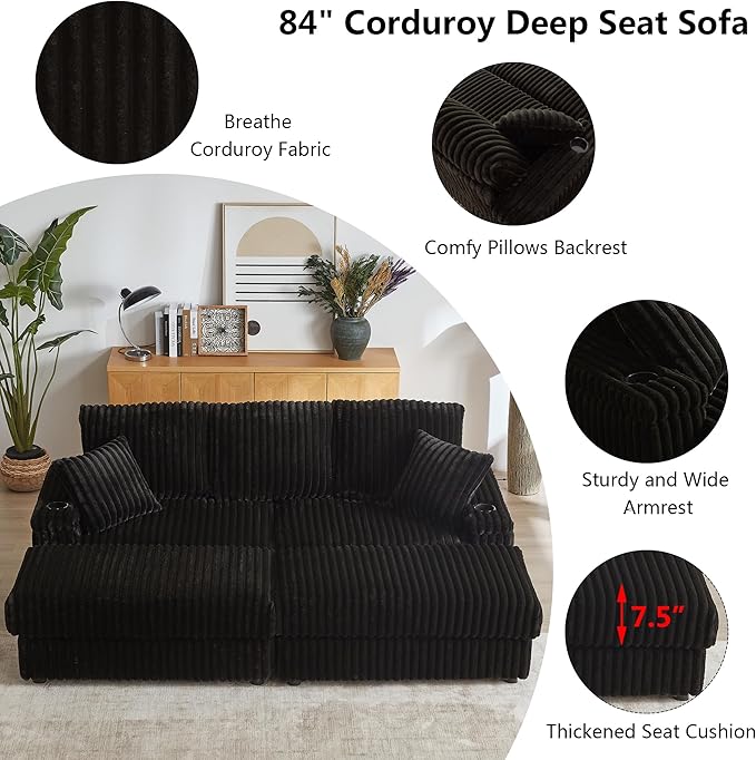 Aoowow 84 Corduroy Oversized 3-seater sofa with 2 Ottomans Modular Sectional Deep Seat Sofa with Back and Toss Pillows Modern Comfy Sofa with 2 Storage Spaces and Cup Grooves for Living Room Black
