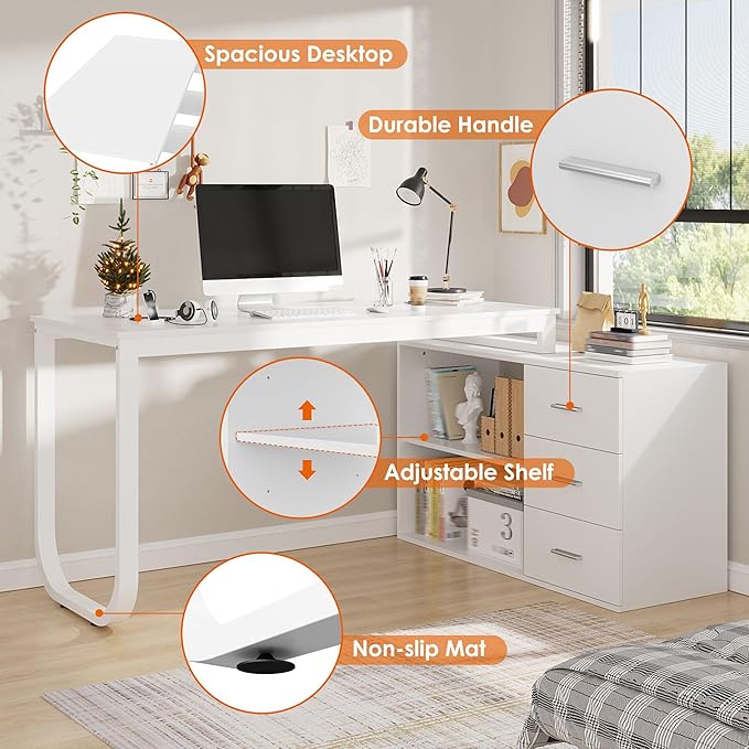 White Large L Shaped Office Computer Desk with Drawers Reversible Long Corner Gaming Work Study Desk Table with Adjustable Shelves &amp Storage Drawers for Home Office Bedroom