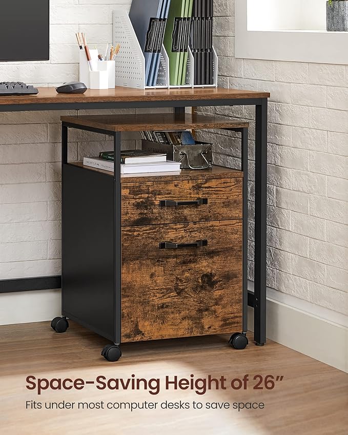 VASAGLE File Cabinet Mobile Filing Cabinet with Wheels 2 Drawers Open Shelf for A4 Letter Size Hanging File Folders Rustic Brown and Ink Black UOFC71X