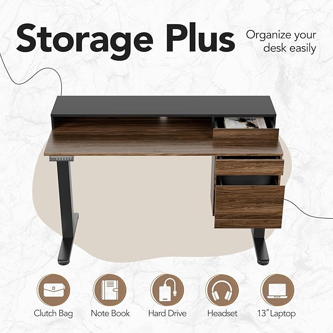 HUANUO Standing Desk with Drawers and File Cabinet 47 Inch Electric Height Adjustable Desk with Storage Ergonomic Stand Up Table Compatible with Monitor Stand Black Walnut
