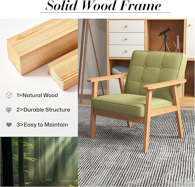 KCC Mid-Century Modern Linen Fabric Accent Chair Upholstered Tufted Leisure Chair Comfy Reading Side Chair with Armrest and Solid Wood Frame for Living Room Bedroom Balcony(Green)