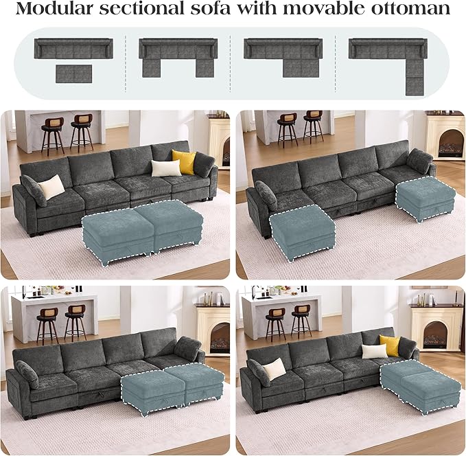 TUNYI 130 Sectional Couch with Storage Oversized Chenille Modular Sectional Sofa for Living Room Convertible Deep Seat Sofa Couches with Ottoman Armrest Pillow (Grey)