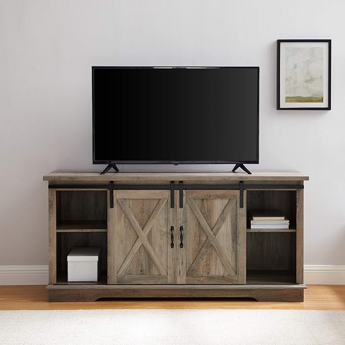 Walker Edison Richmond Modern Farmhouse Sliding Barn Door TV Stand for TVs up to 65 Inches 58 Inch Grey Wash