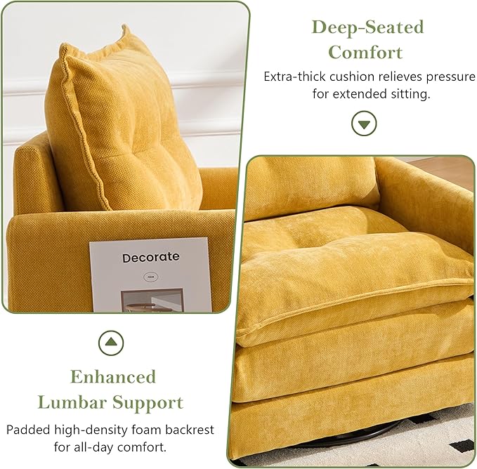 cinkehome Oversized Swivel Chair 36 Swivel Armchair Accent Chair for Living Room Mid Century Modern Thick Padded Arm Chairs Memory Foam Chenille Mustard Yellow