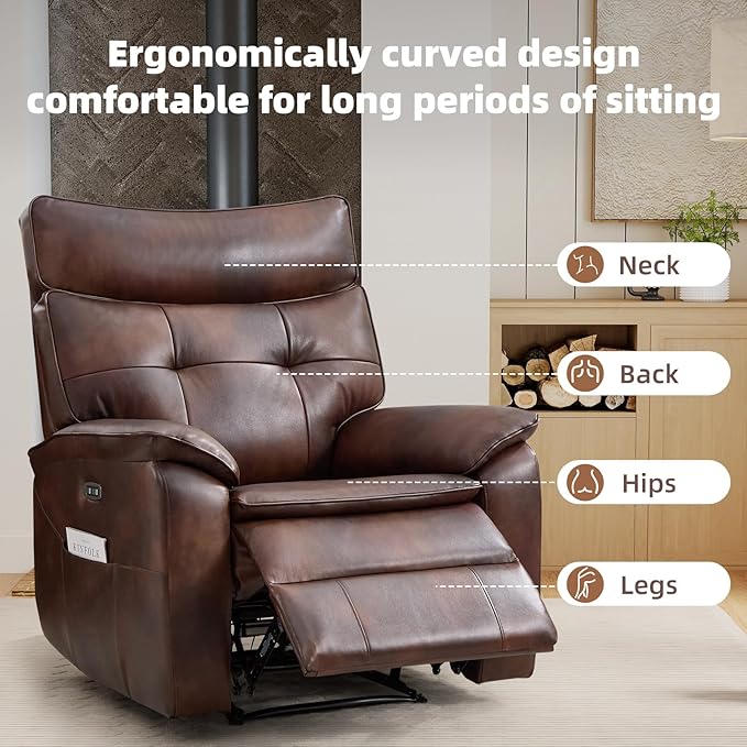 CANMOV Genuine Leather Recliner ChairPower Recliner Chair for AdultsElectric Single Reclining Sofa with Overstuffed Armrest and Backrest for Living RoomBrown