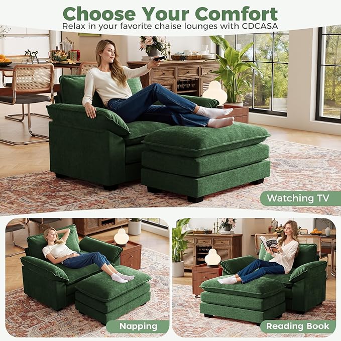 CDCASA 154 Modular Sectional Sofa Comfy U-Shaped Cloud Couch with 2 Movable Ottomans Oversized 6-Seater Chenille Deep Seat Sofa Couch for Living Room DIY Combination Green