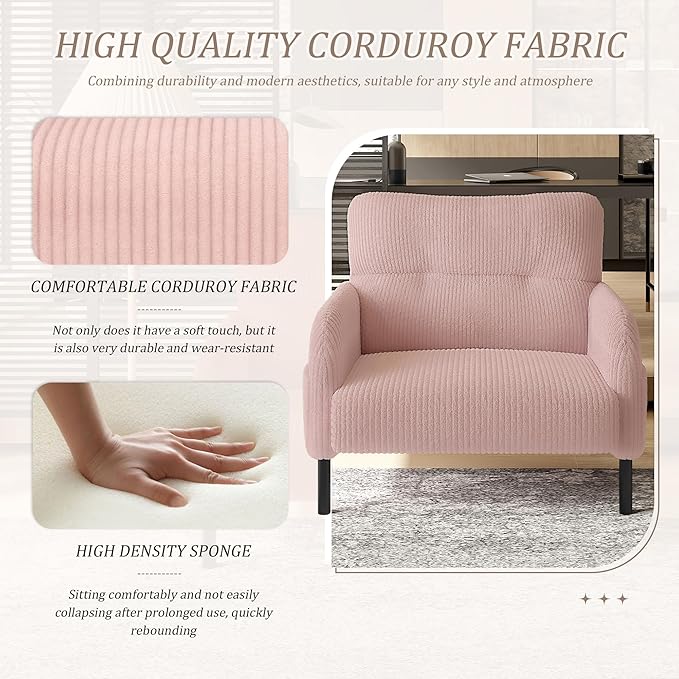 Pink Accent Chair - Corduroy Living Room Chairs with Side Storage Pockets and Durable Legs Comfy Arm Reading Chair with Soft Backrest for Bedroom Balcony Study Room