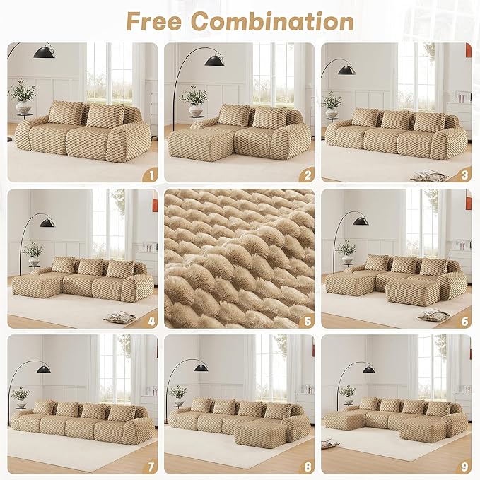 146 Boneless Couches for Living Room Oversized U-Shaped Couch with Buckle Connection Anti-slip Design Flannelette Fabric Modular Sectional Sofa with Deep Seat (Light Camel 4 Seat + 2 Ottoman)
