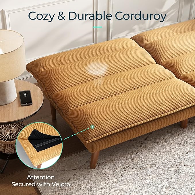 LINSY Futon Sofa Bed - 71 Inch Corduroy Futon Couch with Adjustable Backrest Convertible Folding Futons Sofa Couches for Small Spaces Living Rooms Apartment Office (Yellow)