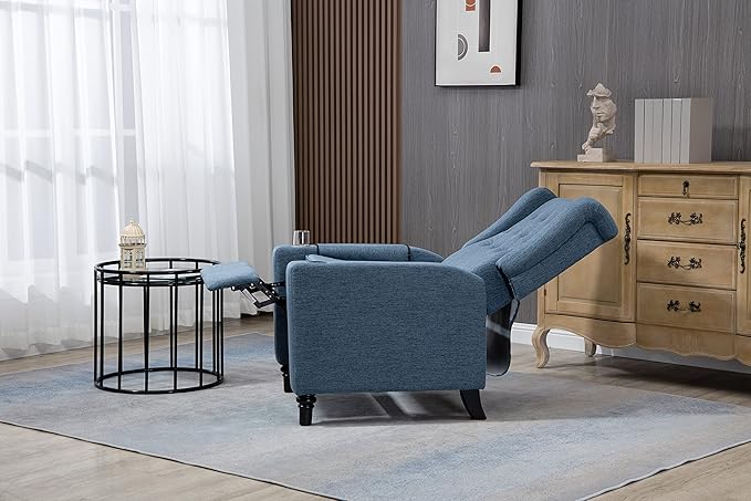 Arm Pushing Recliner Chair Modern Button Tufted Wingback Push Back Recliner Chair Living Room Chair Fabric Pushback Manual Single Reclining Sofa Home Theater Seating for BedroomNavy Blue