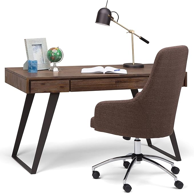 SIMPLIHOME Lowry Desk - 54 Inch Wide Solid Acacia Wood and Metal Writing Desk in Rustic Natural Aged Brown Modern Industrial Home Office Computer Table with 2 Drawers and Flip-Down Keyboard Tray
