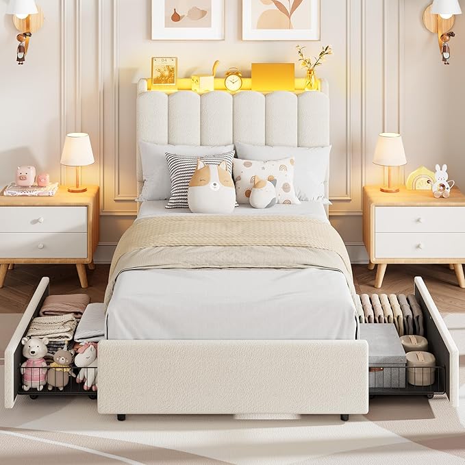 Garvee LED Twin XL Bed Frame with Storage Headboard Kids Bed Frame with 2 Drawers Boucle Upholstered Platform Bed for Girls Chic Wavy Headboard with Bookcase No Box Spring Needed White
