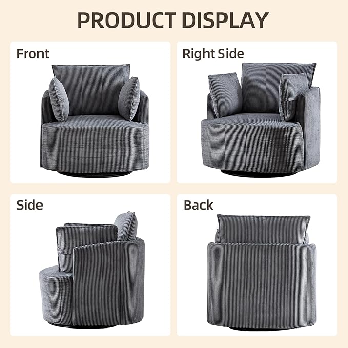CANMOV Swivel Accent Chair 360°Swivel Barrel Chair with 3 Pillows Comfy Corduroy Round Armchair Single Sofa Chair for Living Room Bedroom Reading Room Dark Grey