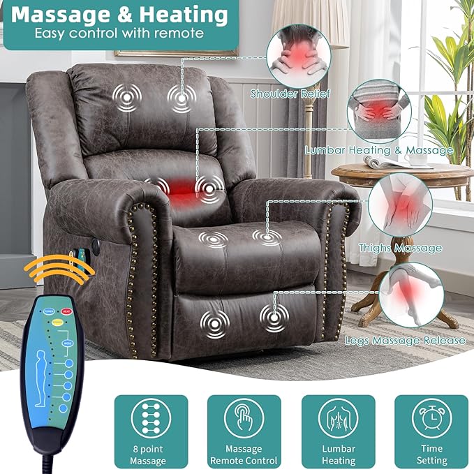 MEETWARM Large Power Lift Electric Recliner Chair with Massage and Heat Overstuffed Wide Recliner for Elderly Heavy Duty Recliner for Living Room with 2 Remote Controls/USB Ports/Side Pockets(Gray)