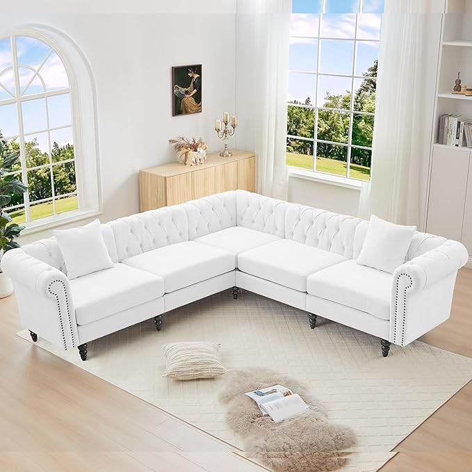AVZEAR Chesterfield Modular Sectional Sofa Comfy Linen Fabric Couch Sectional with 2 Pillows Modern Upholstered Couches Living Room Furniture Sets for Living Room Bedroom and Apartment White