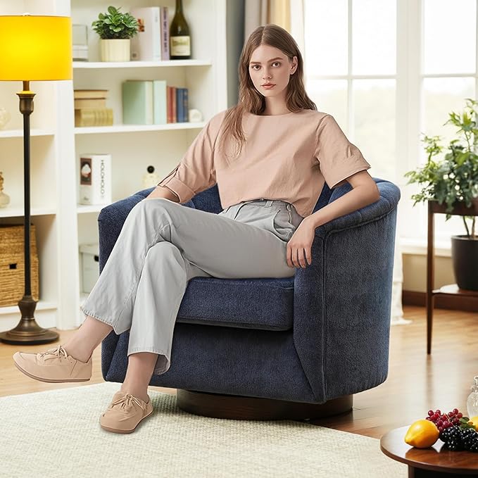 SITJOY Swivel Accent Chair Mid Century Modern Barrel Armchair with Solid Ash Wood Base Upholstered Chair for Living Room Bedroom Fabric in Navy
