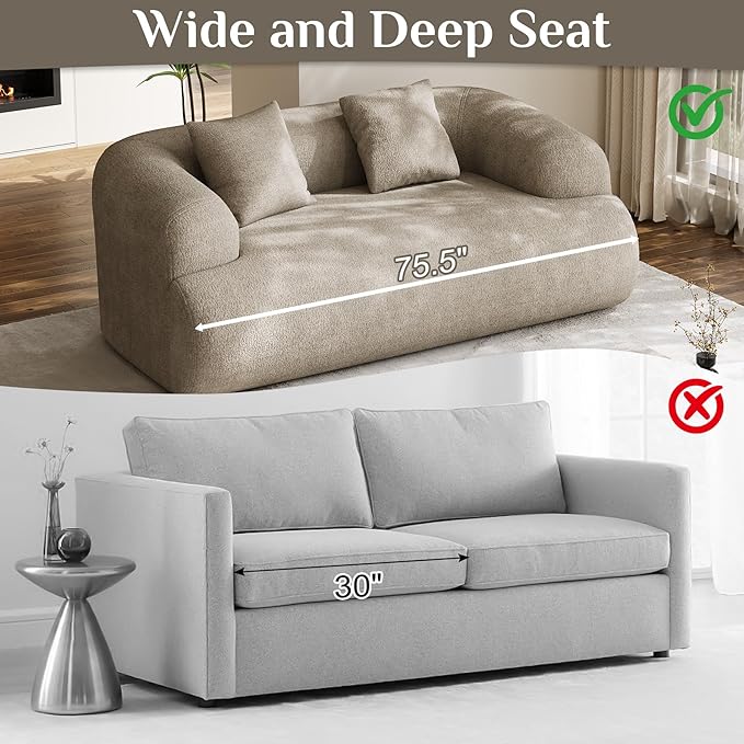 75 Boneless Cloud Loveseat Modern Cute Curved Chenille Sofa 2 Seater Compression Couch with 2 Pillows No Assembly Required for Apartment Living Room Light Brown